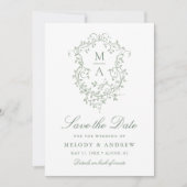 Sage Green Classy Franse Floral Crest Foto Save The Date (Voorkant)