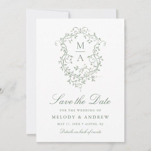 Sage Green Classy Franse Floral Crest Foto Save The Date (Voorkant)
