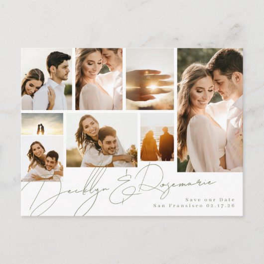 Sage Green Collage Multi 8 Foto Sla de datum op Aankondigingskaart (Voorkant)
