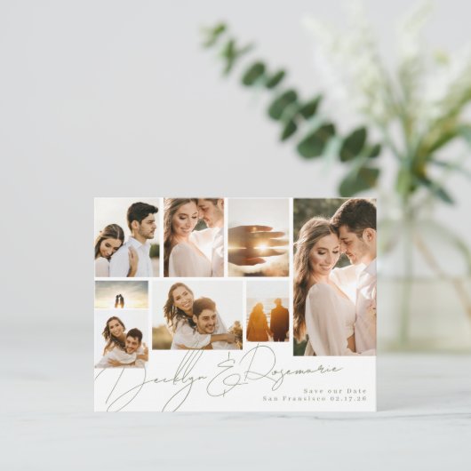 Sage Green Collage Multi 8 Foto Sla de datum op Aankondigingskaart (Staand voorkant)
