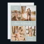 Sage Green Collage Wedding van Liefde en Bedankt<br><div class="desc">Elegant, modern, minimalistisch sage groen en wit handschrift 4 foto collage gepersonaliseerde bruiloft bedankt je kaart. Stijlvolle bruiloft bedankt je sjabloon met vier (4) foto op de voorkant en één (1) foto op de achterkant. Met de tekst "Liefde en bedankt" in een cursief handgeschreven lettertypeswap-staart lettertype in witte kleur op...</div>