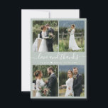 Sage Green Collage Wedding van Liefde en Bedankt<br><div class="desc">Elegant, minimalistisch sage groen en wit hand geschreven foto collage gepersonaliseerde bruiloft bedankt je kaart. Stijlvolle bruiloft bedankt je sjabloon met vier (4) foto op de voorkant en één (1) foto op de achterkant. Met de tekst "Liefde en bedankt" in een zwiepige handgeschreven typografie spoelt het doopvontmanuscript van de staart...</div>