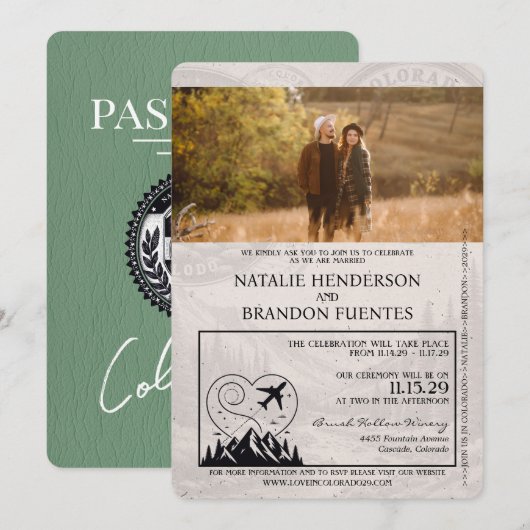 Sage Green Colorado Passport Wedding Kaart (Voorkant / Achterkant)