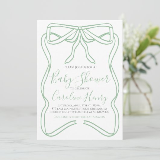 Sage Green Coquette Bow Baby shower MAAK ELKE KLEU Kaart (Staand voorkant)