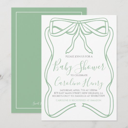 Sage Green Coquette Bow Baby shower MAAK ELKE KLEU Kaart (Voorkant / Achterkant)