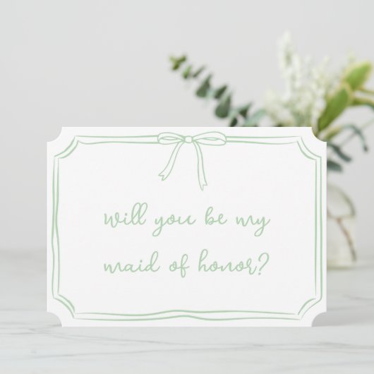 Sage Green Coquette Bow Maid of Honor Voorstel Kaart (Staand voorkant)