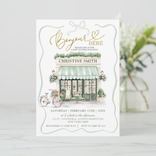 Sage Green Coquette Bow Parijse Cafe Baby shower Kaart (Staand voorkant)