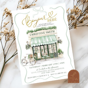 Sage Green Coquette Bow Parijse Cafe Baby shower Kaart