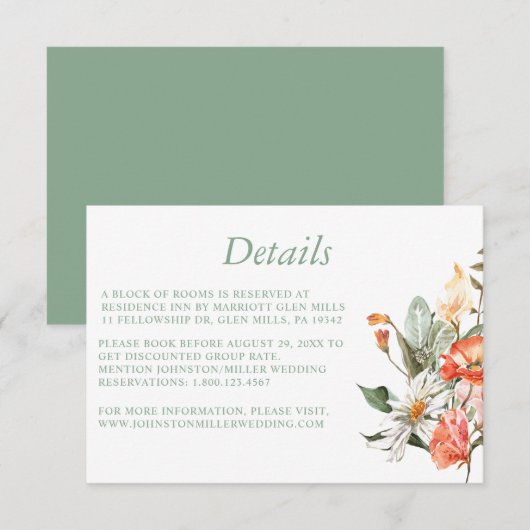 Sage Green Coral Pink Floral Wedding Details Kaart (Voorkant / Achterkant)