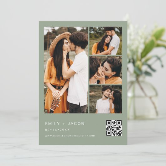 Sage Green Couple's Shower Foto QR code Kaart (Staand voorkant)