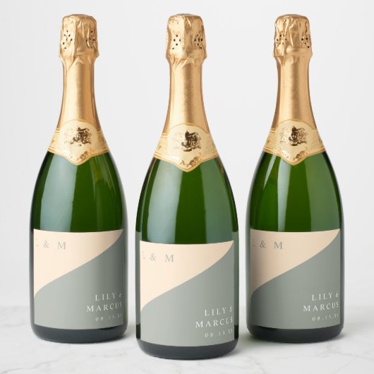 Sage Green Cream Elegant Monogram Trouwen Sparkling Wijnetiket (Flessen)
