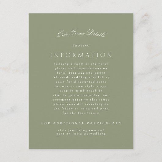 Sage Green Cream Elegant Script Formele De bruilof Informatiekaartje (Voorkant)