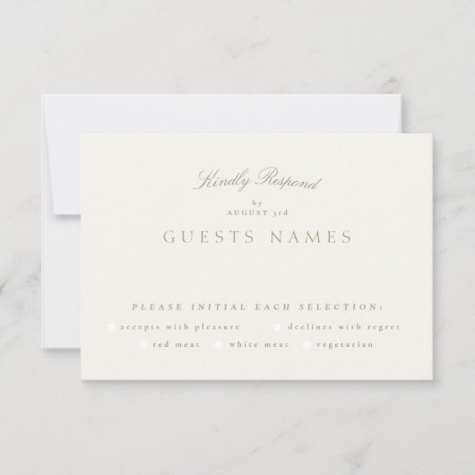 Sage Green Cream Elegant Script Formele De bruilof RSVP Kaartje (Voorkant)