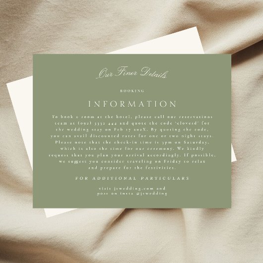 Sage Green Cream Elegant Script Wedding Details Informatiekaartje