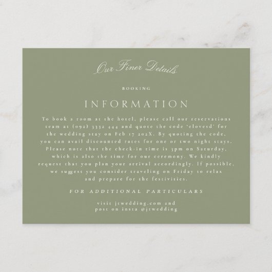 Sage Green Cream Elegant Script Wedding Details Informatiekaartje (Voorkant)