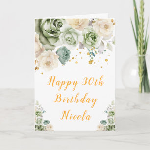 Sage Green Cream Floral Happy Birthday Kaart
