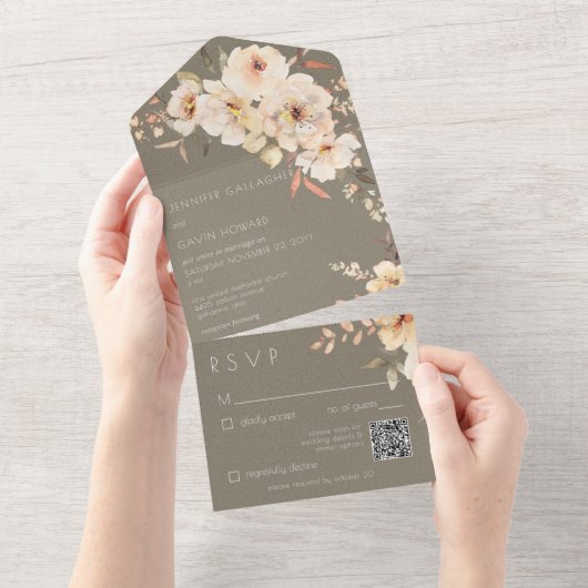 Sage Green  Cream Floral QR Code All In One Uitnodiging (Afscheurbaar)