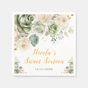 Sage Green Cream Floral Sweet Sixteen Servet