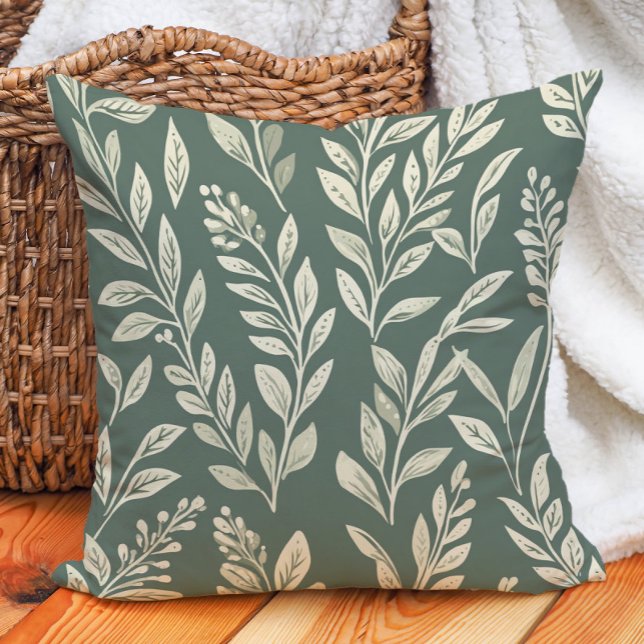 Sage Green Cream Leaves Boerderij Botanisch Kussen (Sage Green Cream Leaves Farmhouse Botanical Throw Pillow)