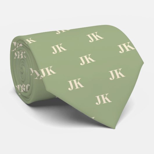 Sage Green Cream Monogram Initialen Stropdas (Opgerold)