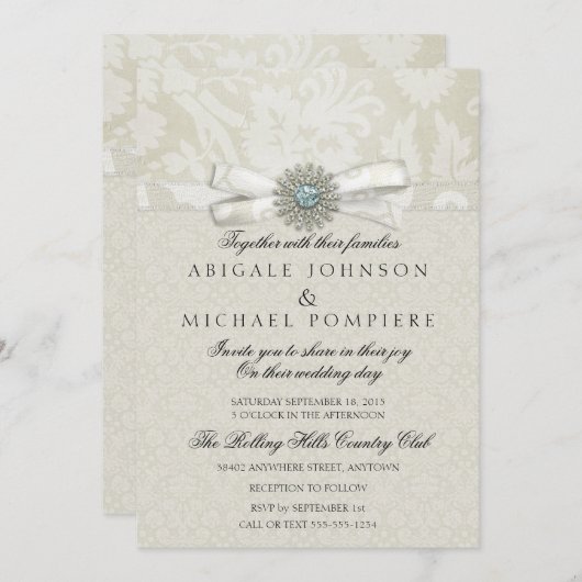 Sage Green & Cream Wedding Invitation with Sparkle Kaart (Voorkant / Achterkant)