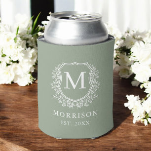 Sage Green Crest Botanische Monogram Huwelijk Blikjeskoeler