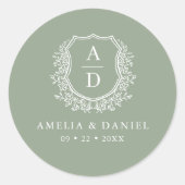 Sage Green Crest Modern Monogram Huwelijk Ronde Sticker (Voorkant)