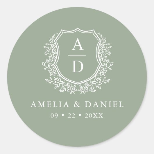 Sage Green Crest Modern Monogram Huwelijk Ronde Sticker (Voorkant)