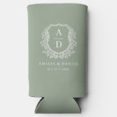 Sage Green Crest Modern Monogram Huwelijk Seltzer Blikjeskoeler (Voorkant)
