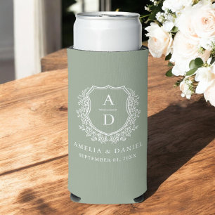 Sage Green Crest Modern Monogram Huwelijk Seltzer Blikjeskoeler