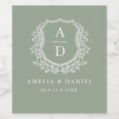 Sage Green Crest Modern Monogram Huwelijk Wijn Etiket (Enkel label)