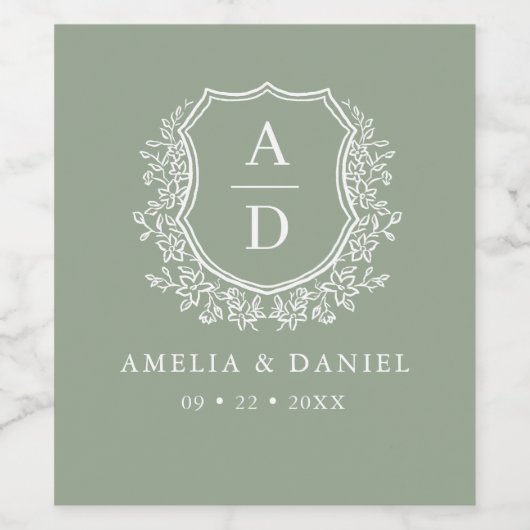 Sage Green Crest Modern Monogram Huwelijk Wijn Etiket (Enkel label)