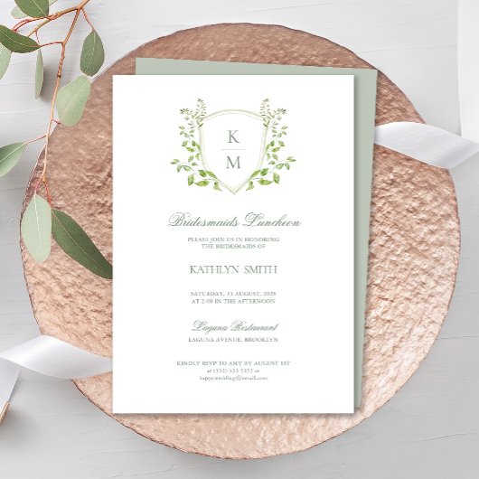 Sage Green Crest Monogram Bruidsmeisjes Luncheon Kaart