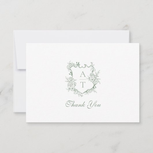 Sage Green Crest Monogram Bruiloft Dank u kaart (Voorkant)
