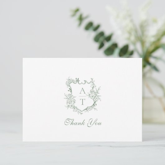 Sage Green Crest Monogram Bruiloft Dank u kaart (Staand voorkant)