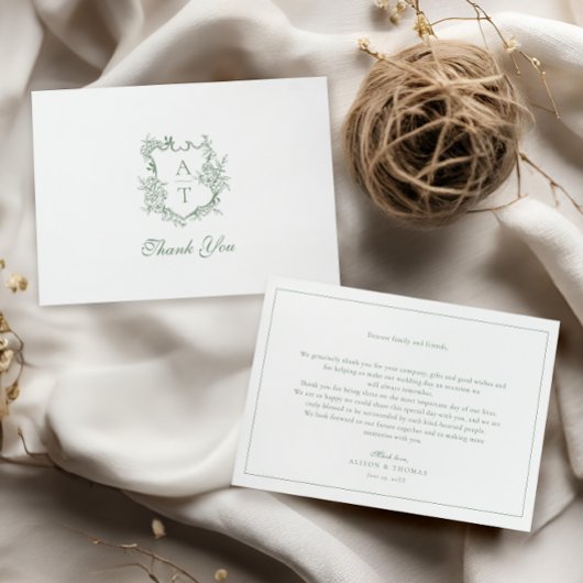 Sage Green Crest Monogram Bruiloft Dank u kaart