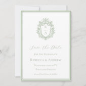 Sage Green Crest Monogram Huwelijk Logo Save The Date (Voorkant)