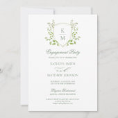 Sage Green Crest Monogram Modern Engagement Party Kaart (Voorkant)