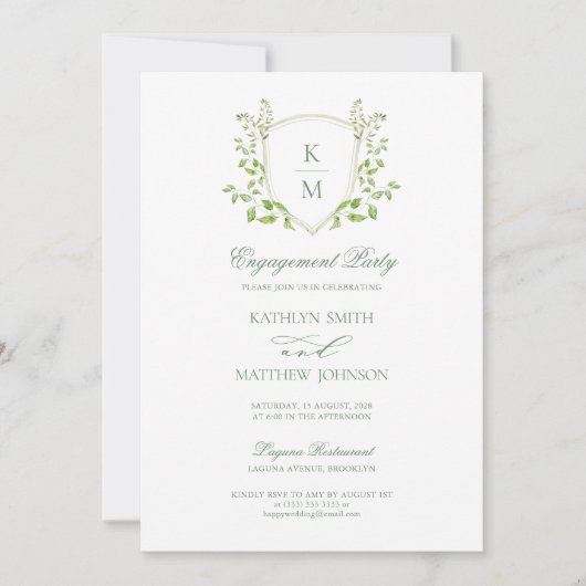 Sage Green Crest Monogram Modern Engagement Party Kaart (Voorkant)
