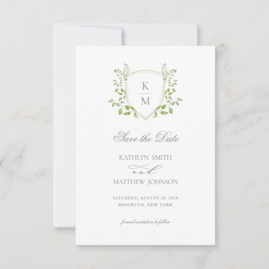 Sage Green Crest Monogram Modern groen Bruiloft Save The Date (Voorkant)
