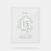 Sage Green Crest Monogram Trouwtafel Nummer Acryl Bord (Voorkant)
