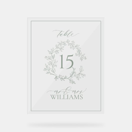 Sage Green Crest Monogram Trouwtafel Nummer Acryl Bord (Voorkant)