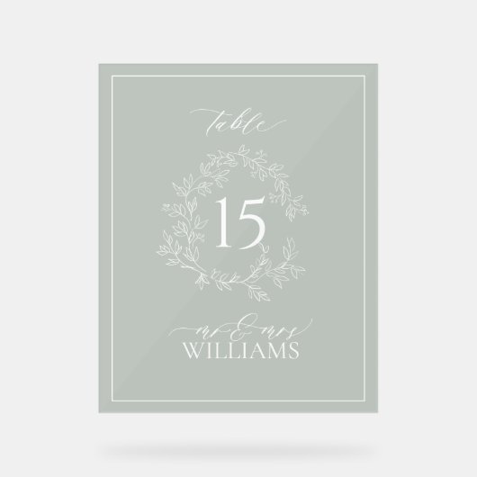 Sage Green Crest Monogram Trouwtafel Nummer Acryl Bord (Voorkant)