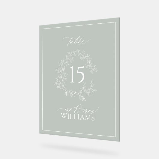 Sage Green Crest Monogram Trouwtafel Nummer Acryl Bord (Hoek)