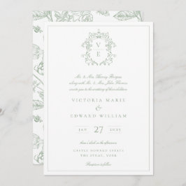 Sage Green Crest Monogram Weddenschap Kaart