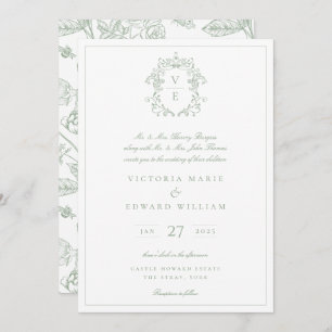 Sage Green Crest Monogram Weddenschap Kaart