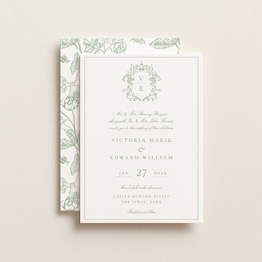 Sage Green Crest Monogram Weddenschap Kaart