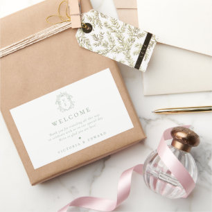 Sage Green Crest Monogram Weddenschap Welkom Rechthoekige Sticker