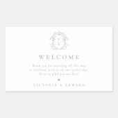 Sage Green Crest Monogram Weddenschap Welkom Rechthoekige Sticker (Voorkant)
