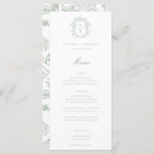 Sage Green Crest Monogram Wedding Menu (Voorkant / Achterkant)